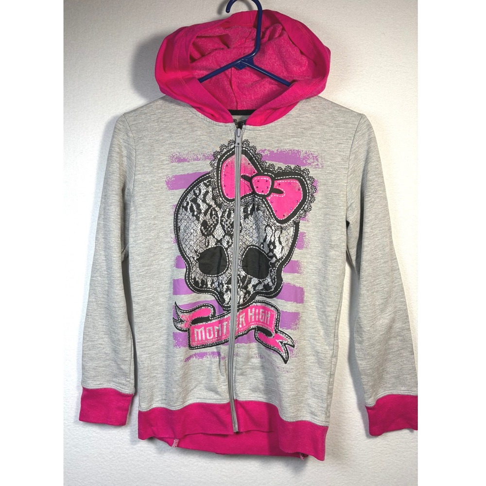 Y2K Monster High Zip Hoodie Girls Size 16 Gray Pink Excellent Skull Ruffle Back